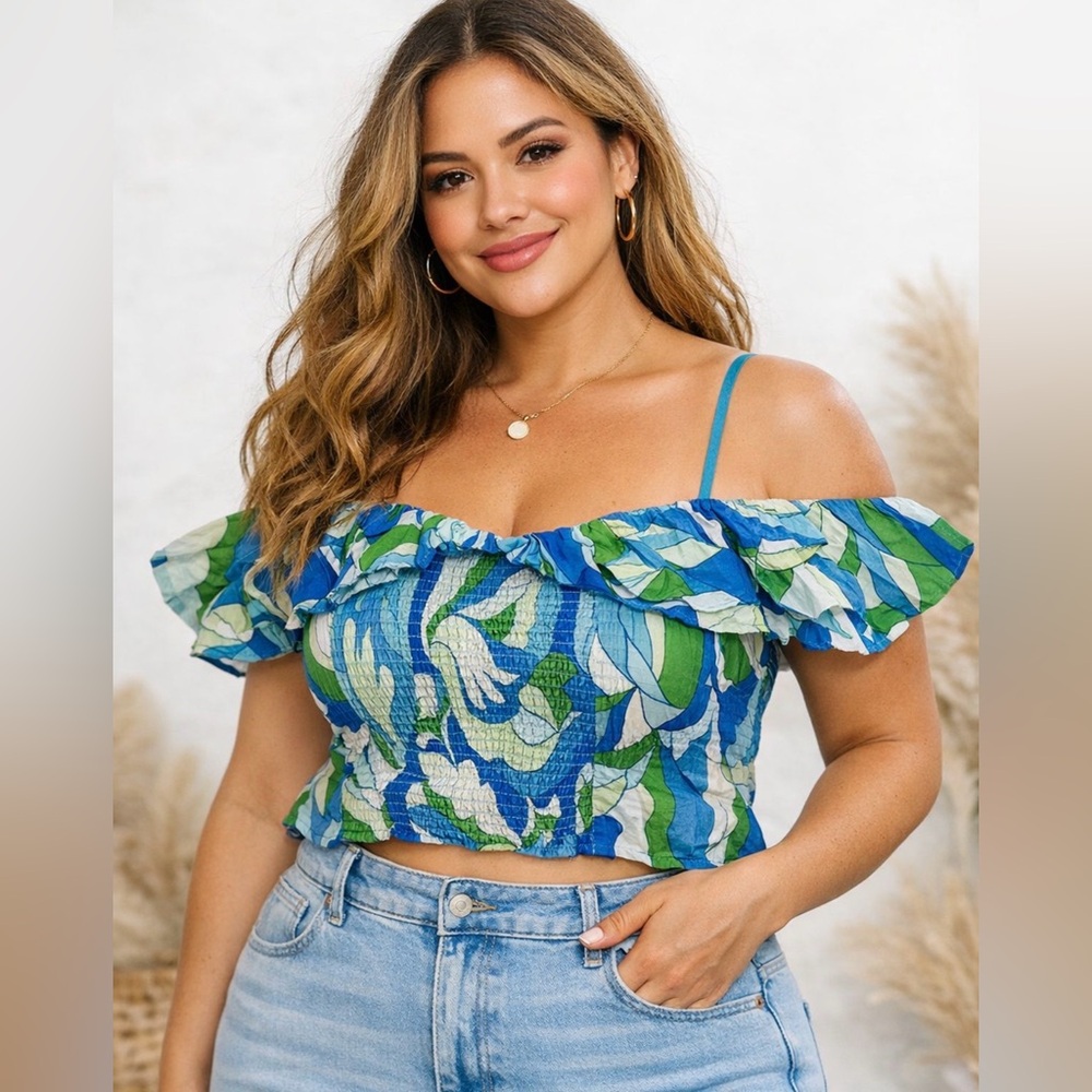 Maeve Anthropologie 2X Boho Smocked Crop Top Blue Green Anthro Coastal Vacation
